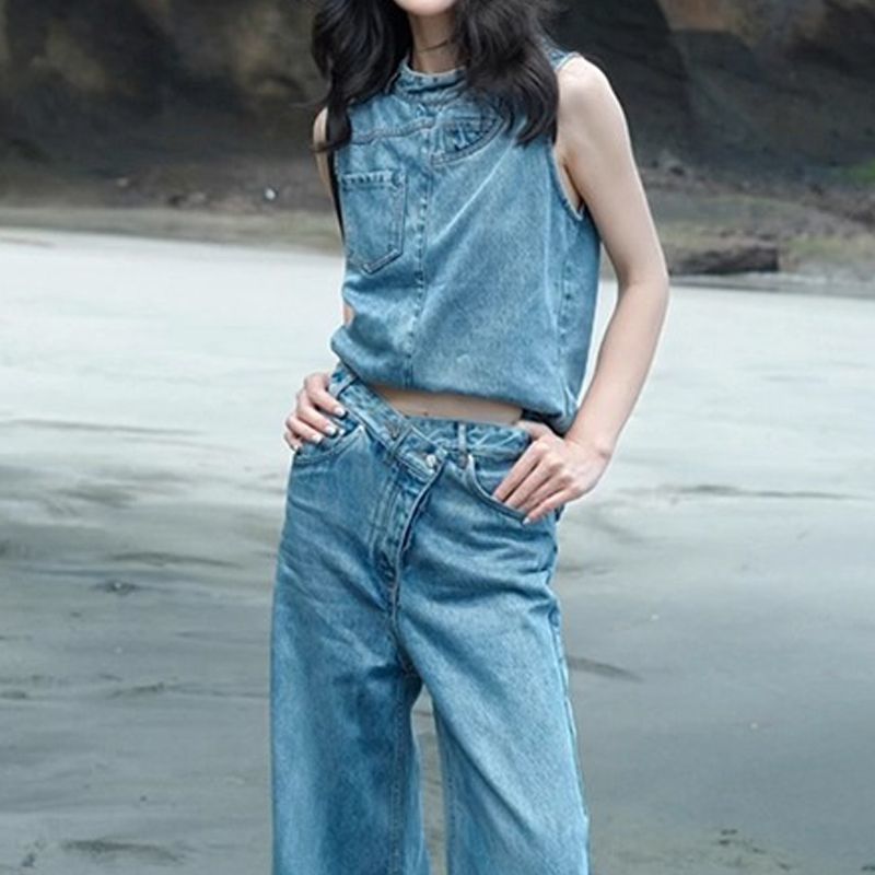 【單件/套裝】減齡氣質牛仔背心+闊腿褲兩件套