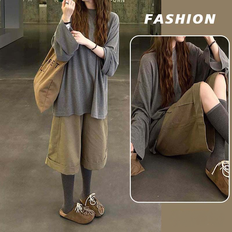 【單品/套裝】慵懶風寬鬆百搭長袖T恤高腰休閒褲兩件套裝-lululam