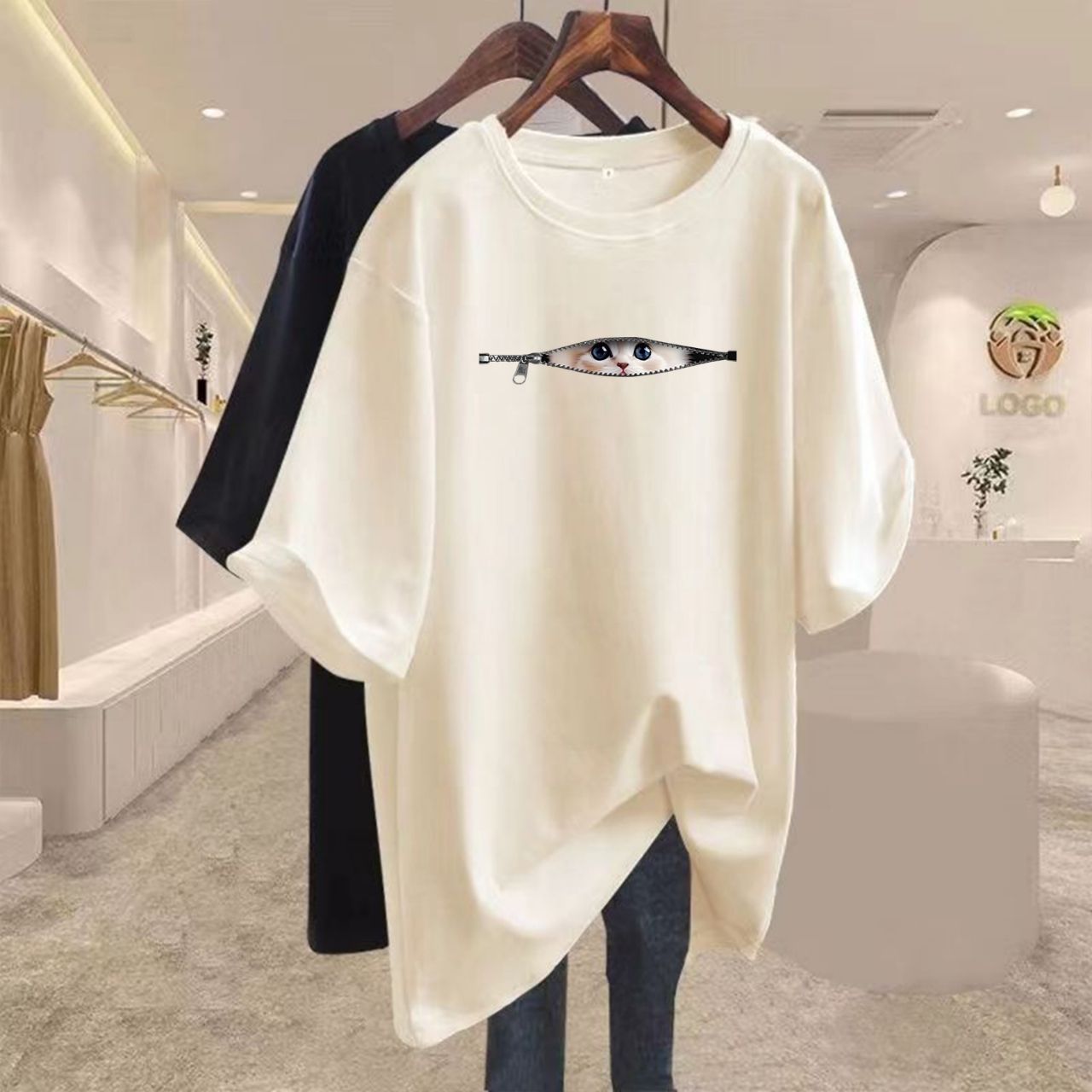 16色純棉寬鬆可愛貓咪寬鬆中長款百搭短袖T恤-lululam