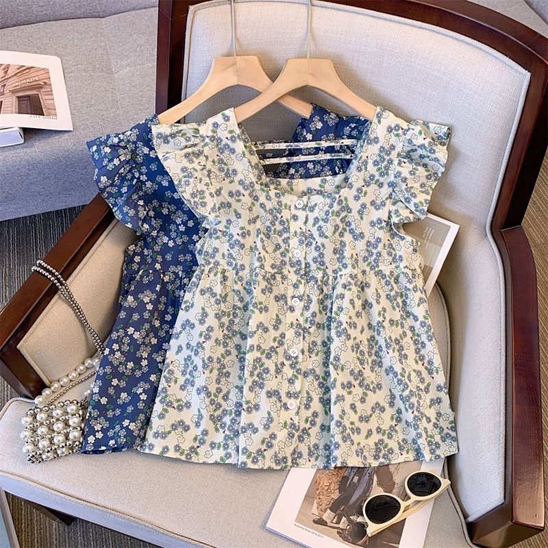 小清新甜美減齡碎花方領飛飛袖襯衫