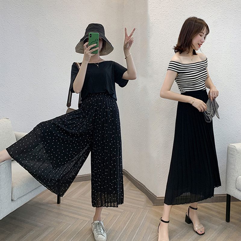 大碼百褶雪紡高腰寬鬆顯瘦九分闊腿褲-lululam