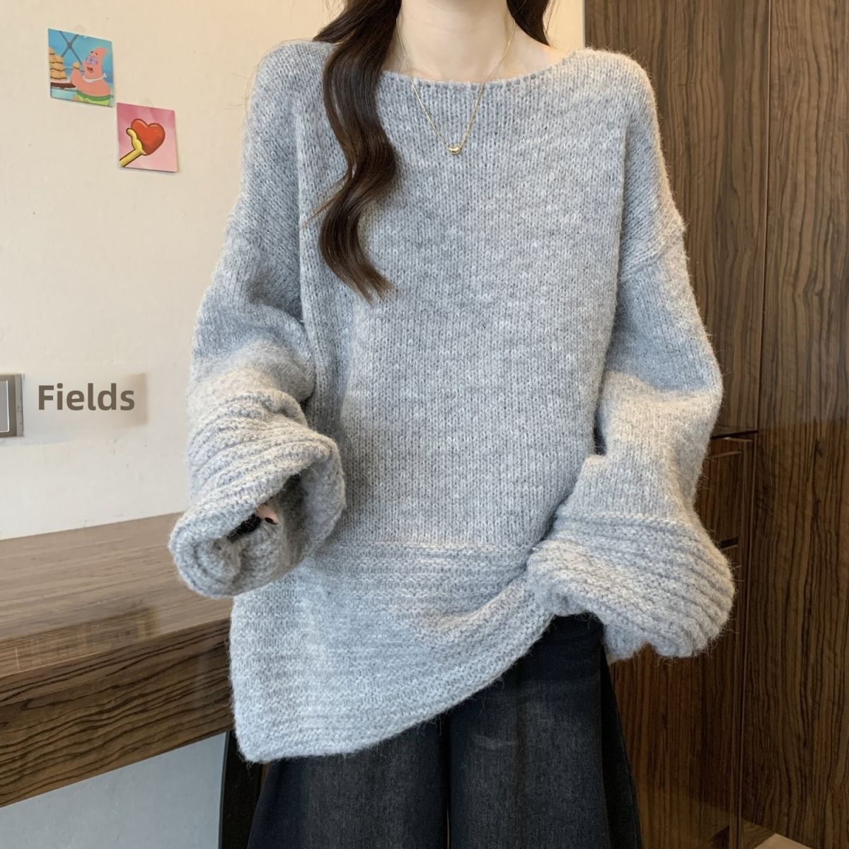 寬松燈籠袖大碼中長款軟糯慵懶風針織毛衣-lululam