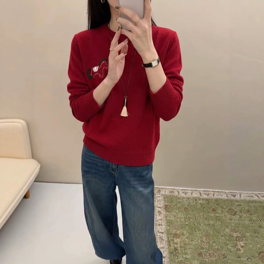 韓系減齡顯瘦圓領提花小馬針織衫