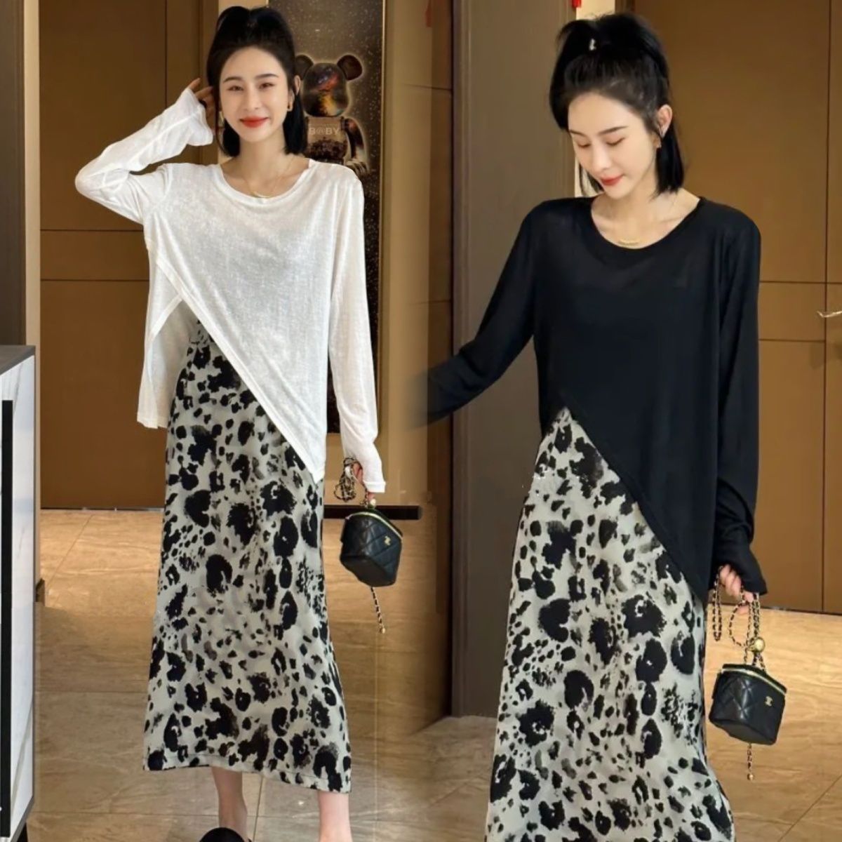 【單件/套裝】時尚不規則防曬長袖T恤+豹紋半身裙兩件套裝-lululam