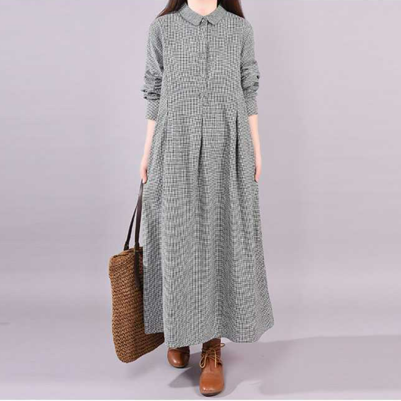 韓版時尚寬鬆大碼顯瘦格子長袖洋裝-lululam