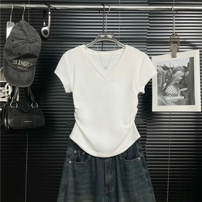 圓領設計感褶皺收腰顯瘦正肩短袖T恤-lululam