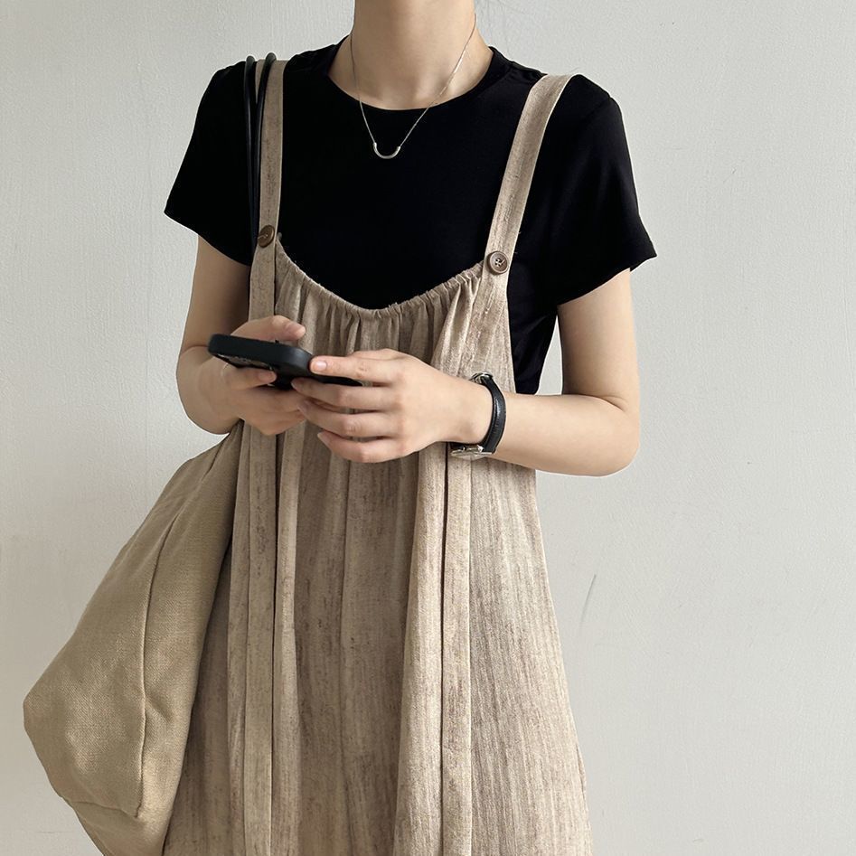 【單件/套裝】日系文藝慵懶垂感連體背帶褲短袖兩件套裝-lululam