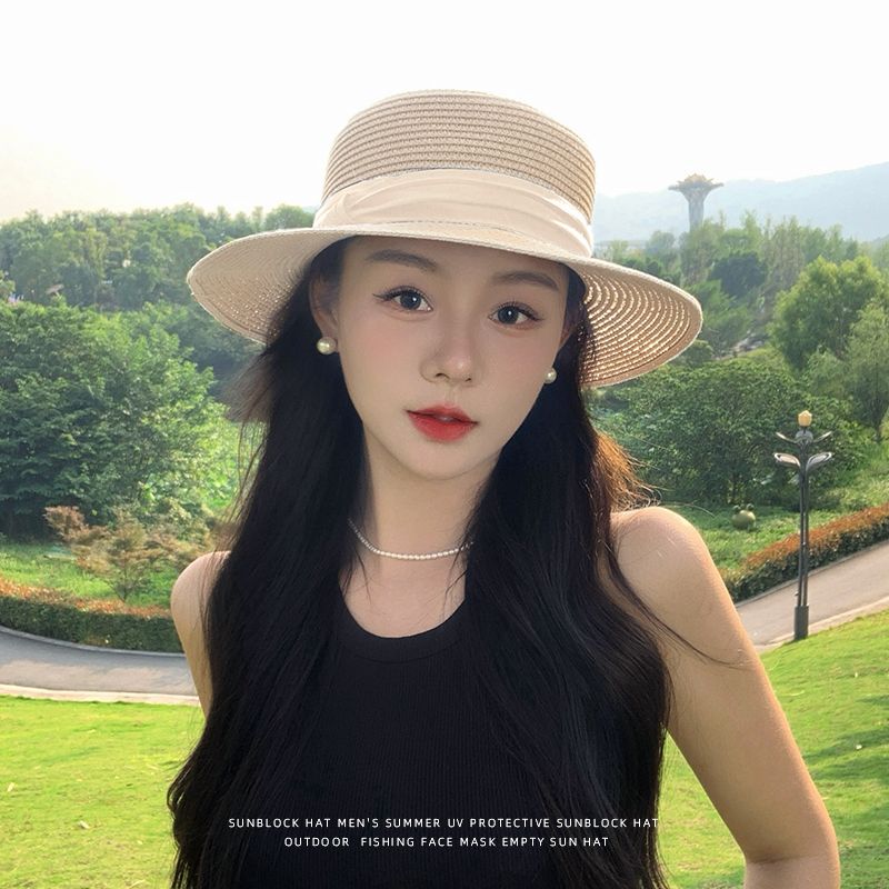 赫本風法式平頂草帽大帽檐遮陽防曬帽度假沙灘帽-lululam