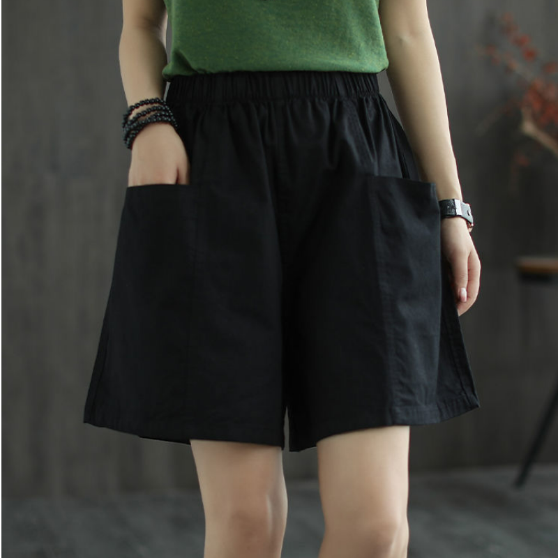 純棉百搭寬鬆顯瘦直筒闊腿鬆緊腰五分短褲-lululam