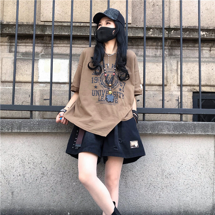 復古時尚百搭不規則寬鬆印花休閒短袖-lululam