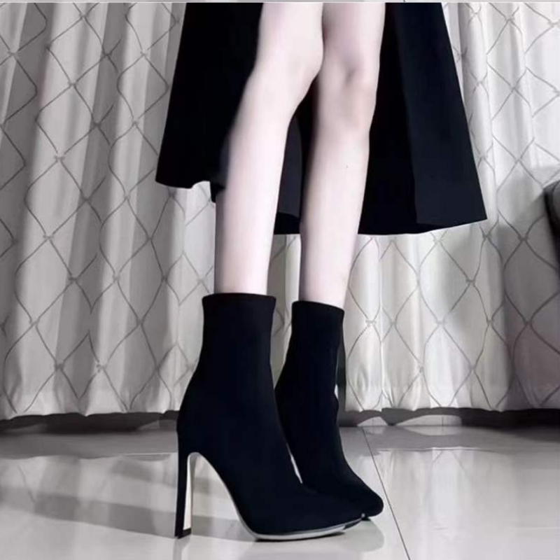 尖頭百搭粗跟絨面短靴高跟靴