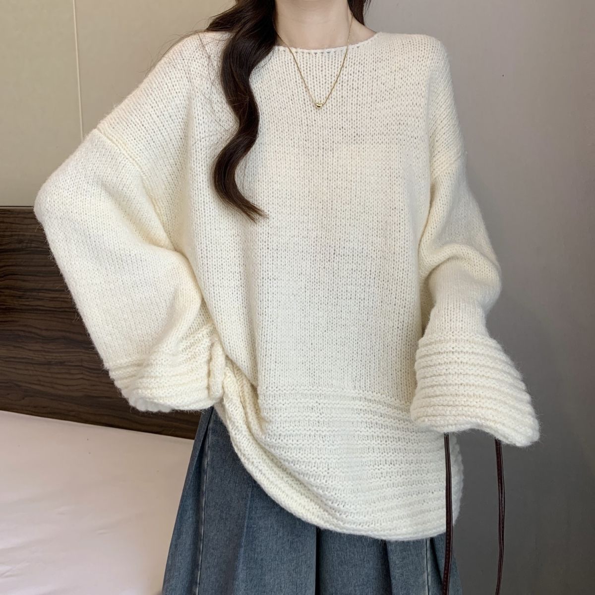 寬松燈籠袖大碼中長款軟糯慵懶風針織毛衣-lululam