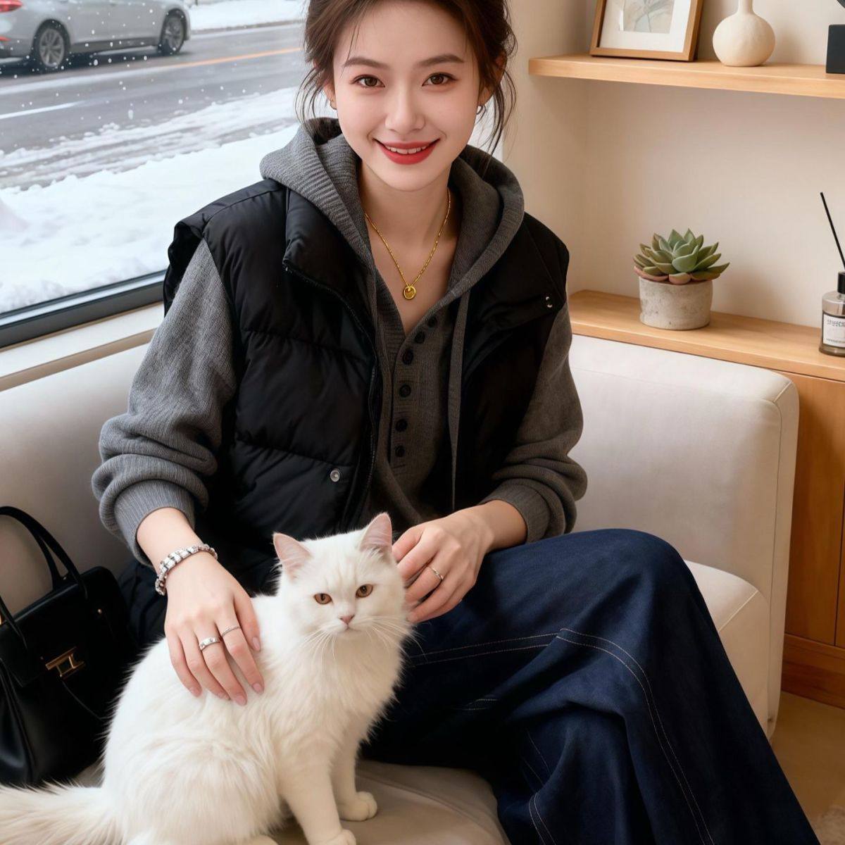 設計感素色寬鬆慵懶抽繩連帽針織衫