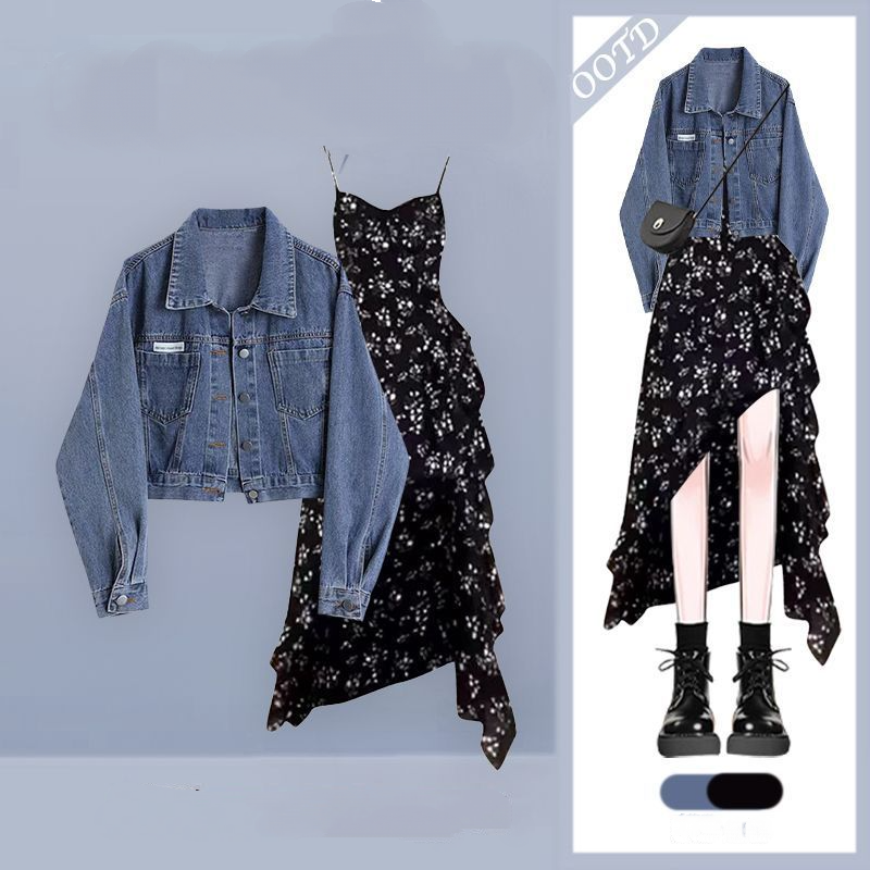 【單品/套裝】不規則碎花吊帶洋裝藍色牛仔短外套兩件套裝-lululam