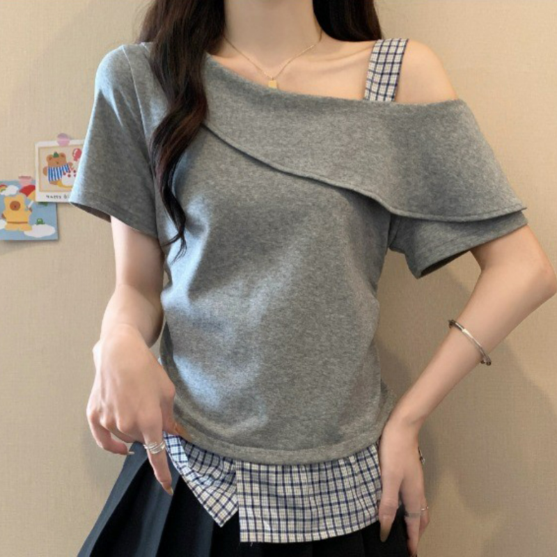 純棉格子拼接斜肩露肩收腰顯瘦短袖T恤-lululam