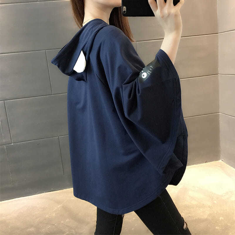 時尚貓咪印花寬鬆顯瘦斗篷款蝙蝠袖連帽衛衣