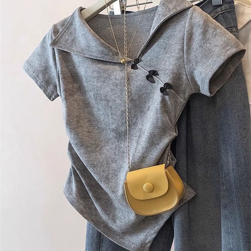 設計感翻領紮染不規則蝴蝶結收腰短袖T恤-lululam