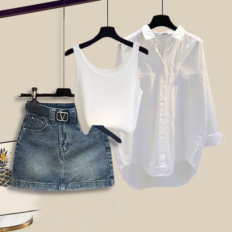 【單件/套裝】韓版百搭襯衫背心顯瘦牛仔裙三件套裝-lululam