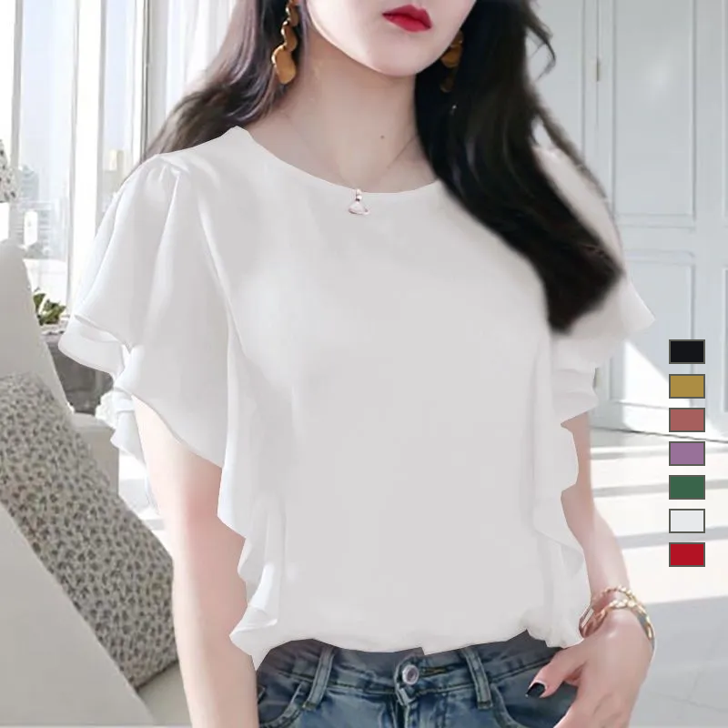 氣質荷葉邊雪紡衫寬鬆顯瘦T恤短袖