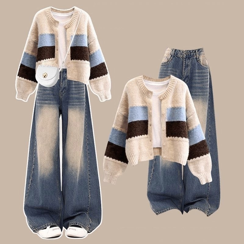 【單件/套裝】復古慵懶撞色針織開衫+收腰顯瘦做舊牛仔闊腿褲兩件套-lululam