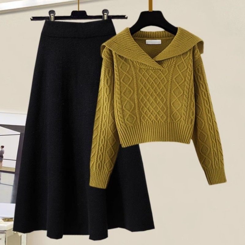 【單件/套裝】慵懶風娃娃領麻花毛衣+高腰A字針織半身裙兩件套