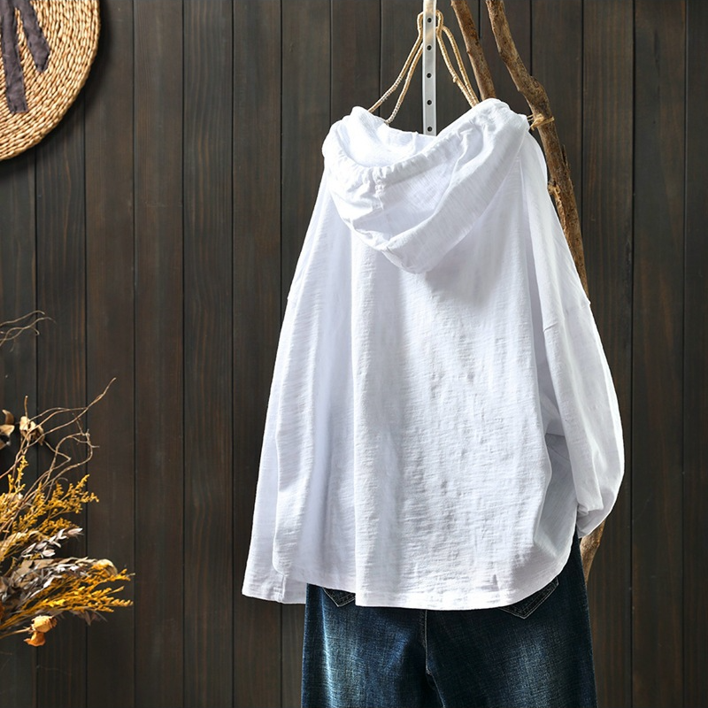 竹節棉連帽寬鬆休閑遮肉套頭長袖T恤-lululam