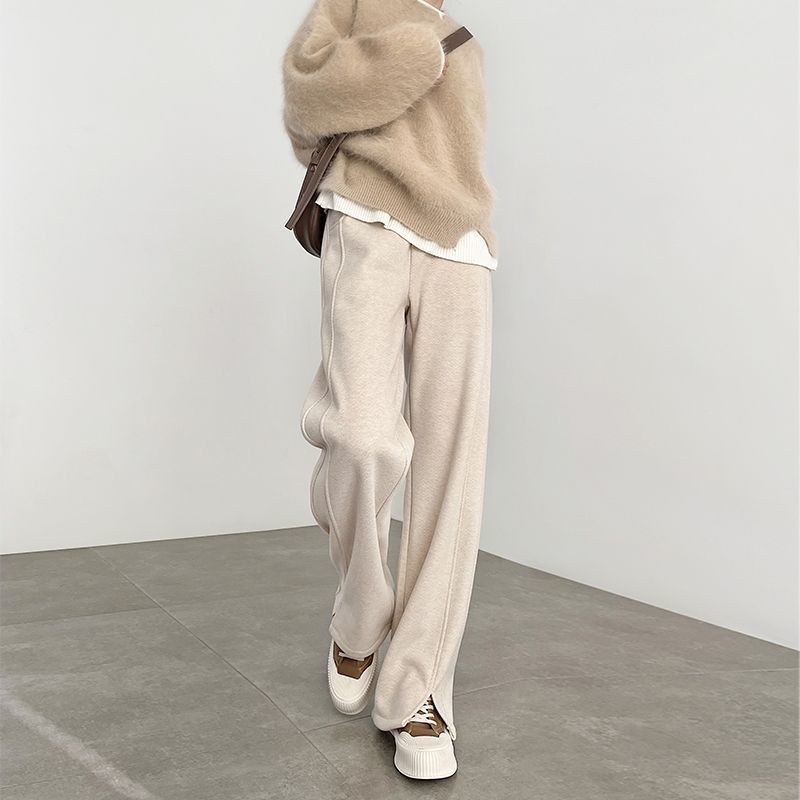 人字紋刷毛闊腿毛呢開叉直筒窄版香蕉褲