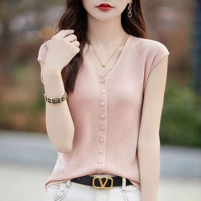 氣質百搭V領冰絲修身洋氣紐扣飛飛袖短袖T恤-lululam