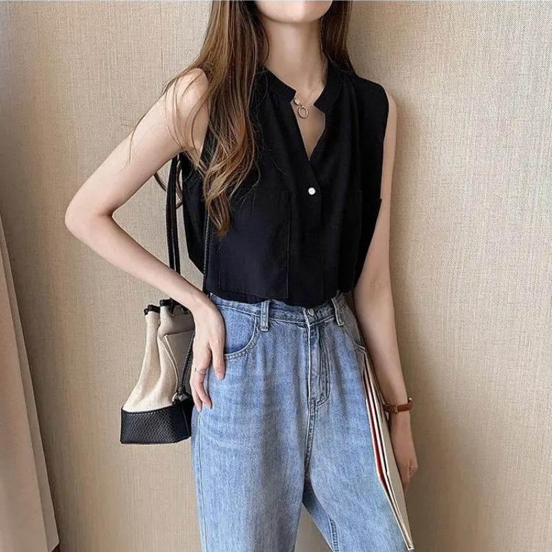 輕熟簡約氣質設計感小眾無袖雪紡襯衫-lululam