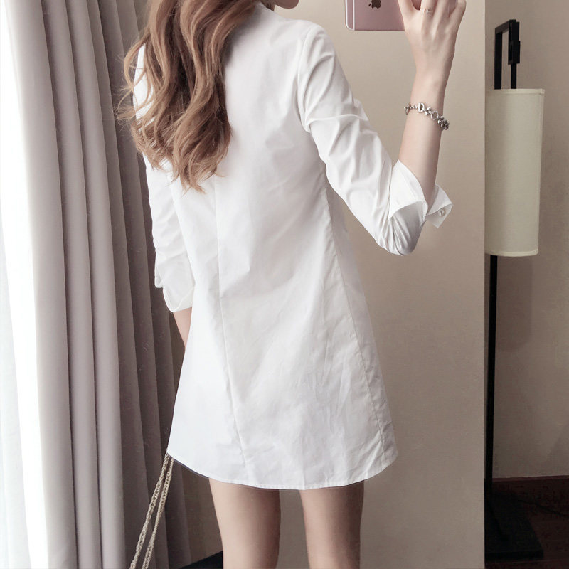 新款韓版V領修身顯瘦中長款襯衫