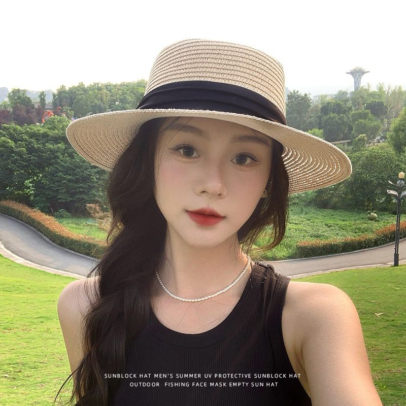 赫本風法式平頂草帽大帽檐遮陽防曬帽度假沙灘帽-lululam