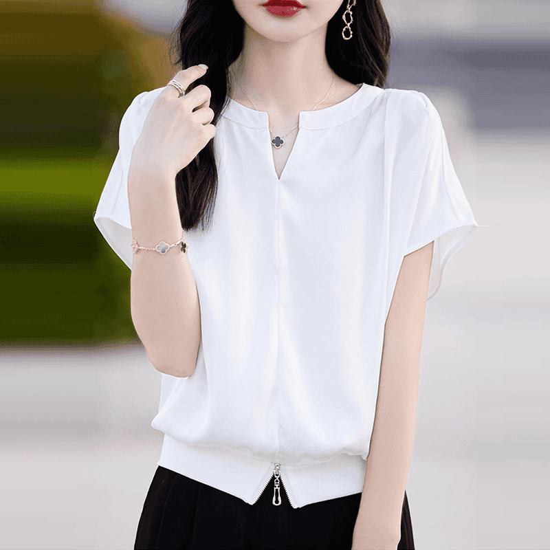 落肩小衫短款V領純色寬鬆短袖T恤-lululam