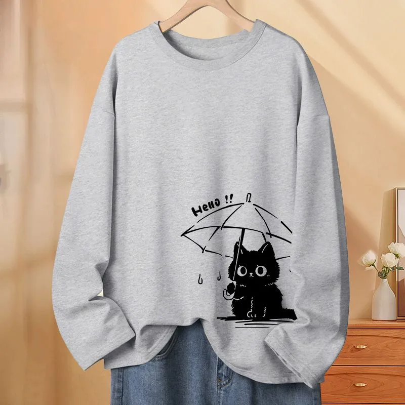 純棉薄款撐傘貓可愛圓領長袖T恤-lululam