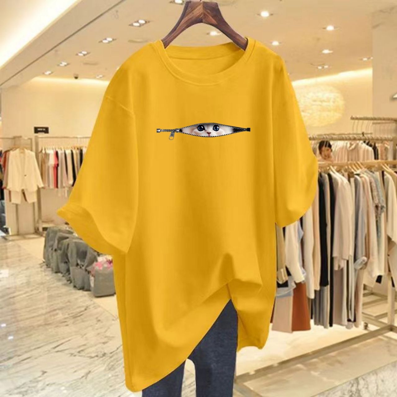 16色純棉寬鬆可愛貓咪寬鬆中長款百搭短袖T恤-lululam