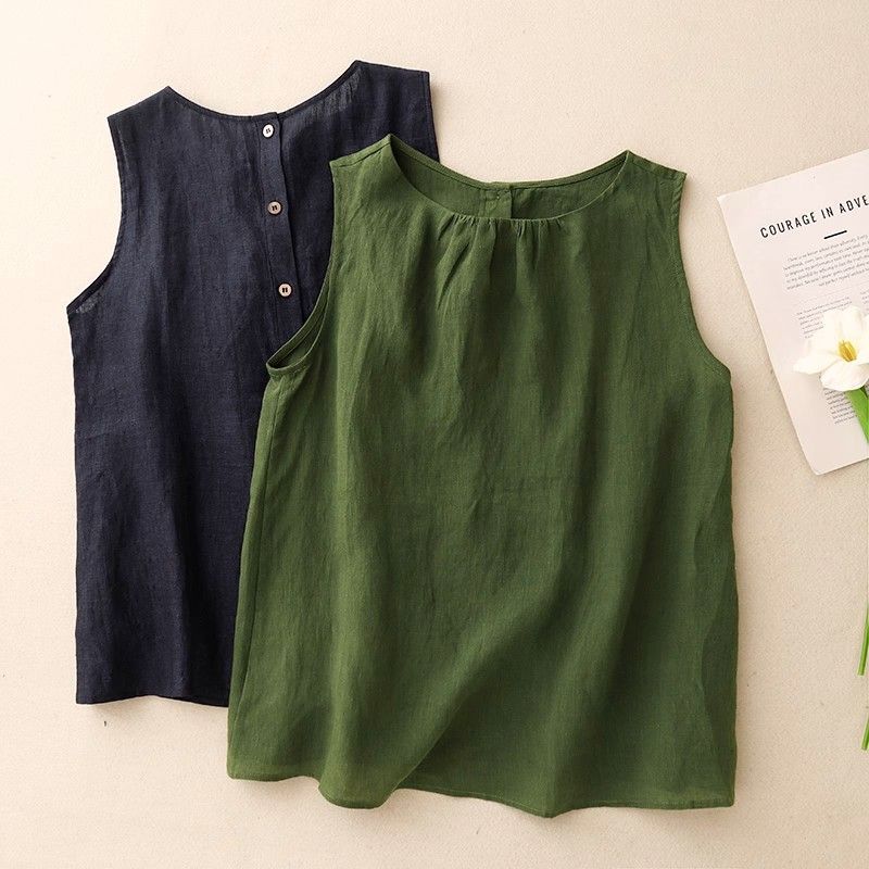 文藝風素色棉麻薄款寬鬆顯瘦無袖背心-lululam