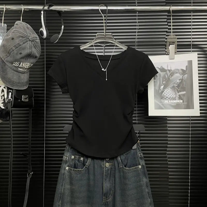 圓領設計感褶皺收腰顯瘦正肩短袖T恤-lululam