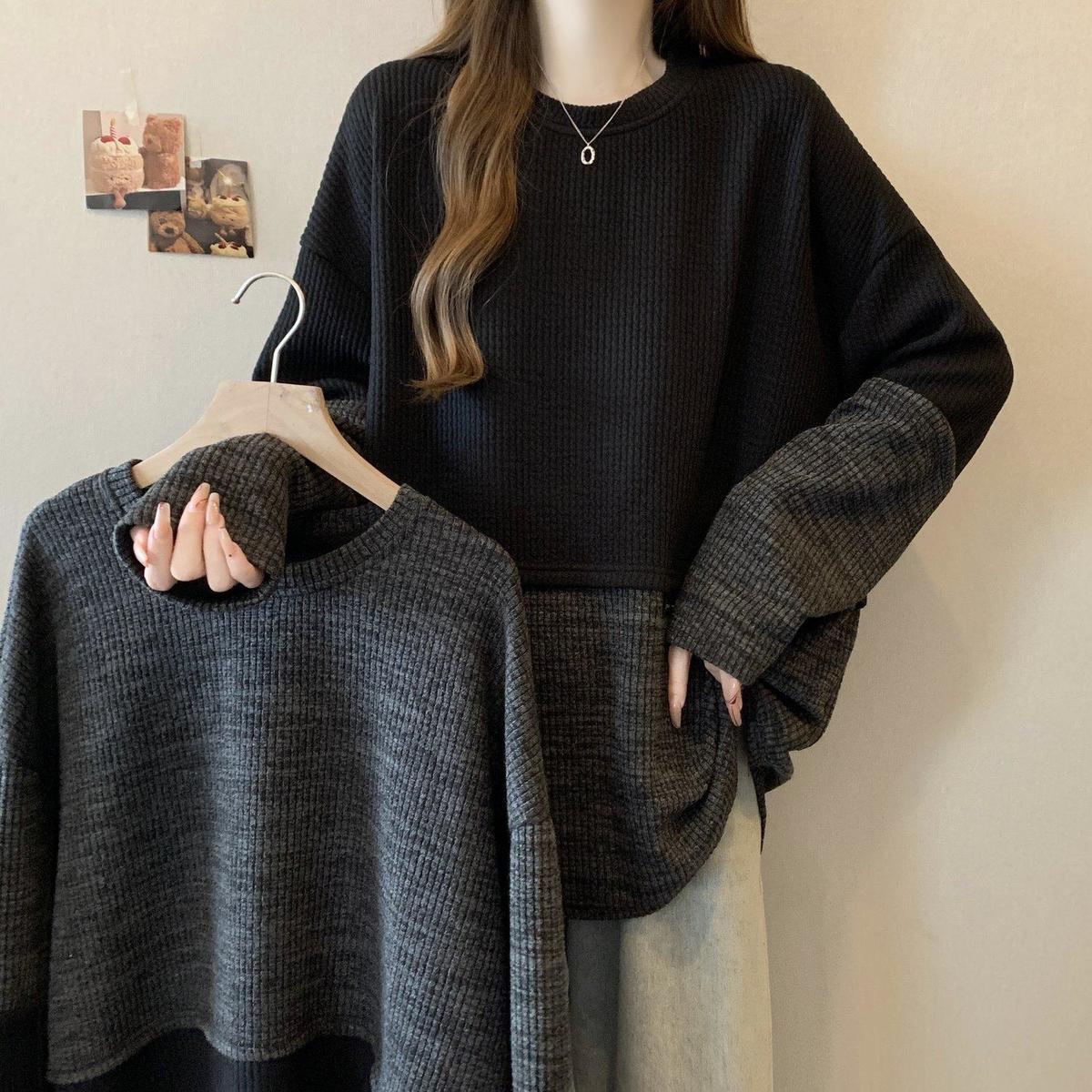 2色設計感拼接寬鬆慵懶撞色長袖T恤-lululam