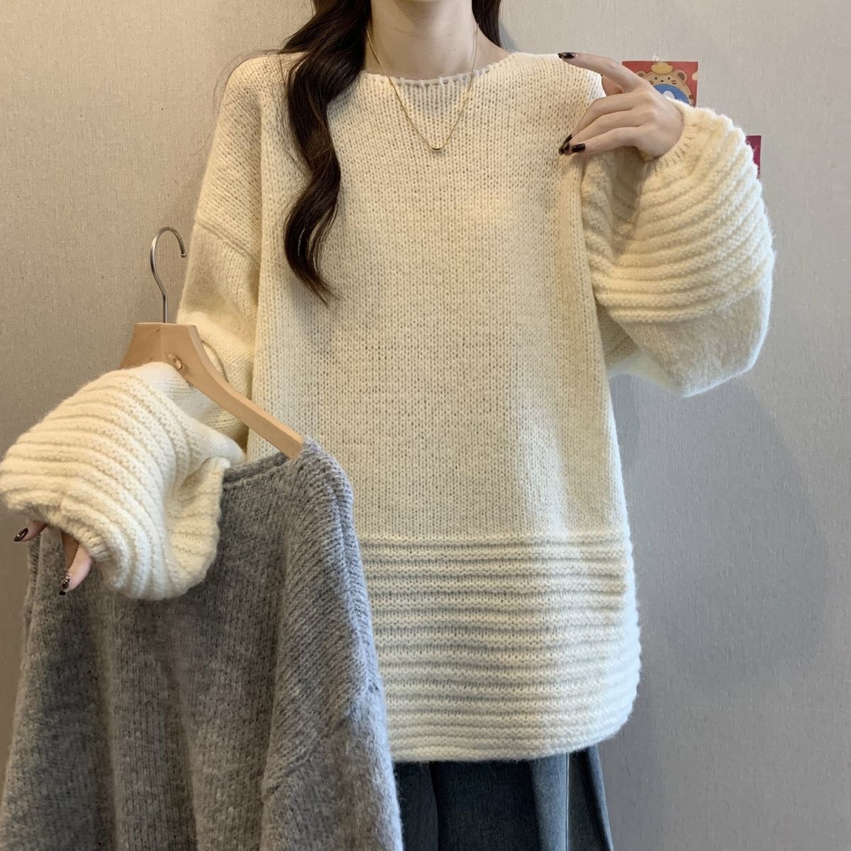 寬松燈籠袖大碼中長款軟糯慵懶風針織毛衣-lululam