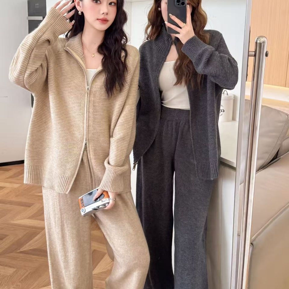 【整套】韓系拉鏈翻領針織衫+休閒闊腿褲兩件套
