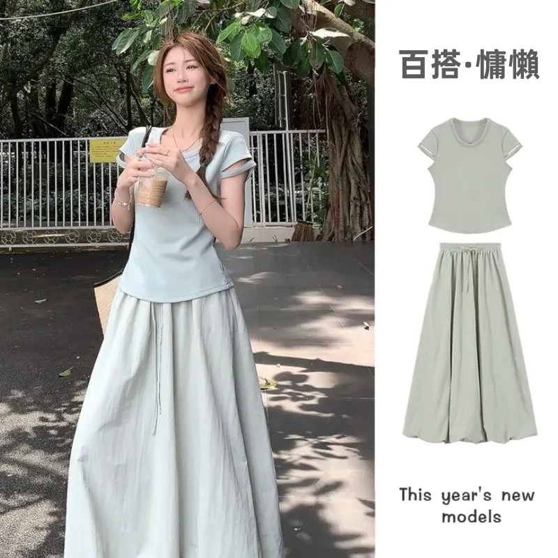 【單件/套裝】氣質顯瘦a字花苞半身裙+設計感短袖兩件套