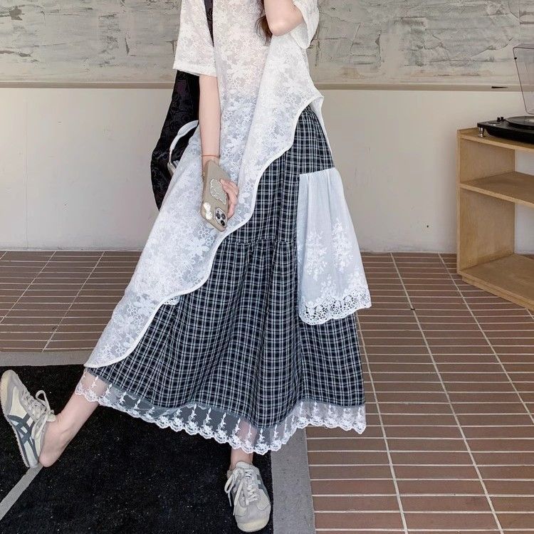 【單件/套裝】高級設計感蕾絲衫+黑白格半身裙兩件套裝-lululam