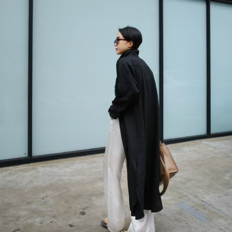 寬鬆休閒文藝顯瘦素色氣質翻領洋裝-lululam