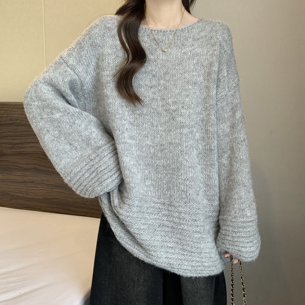 寬松燈籠袖大碼中長款軟糯慵懶風針織毛衣-lululam