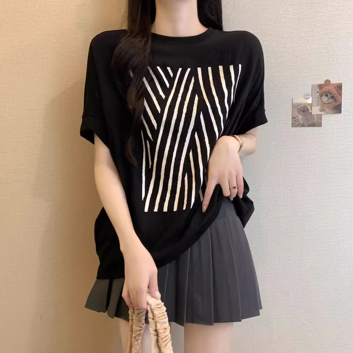 蝙蝠袖正肩顯瘦竹節冰絲印花短袖T恤-lululam