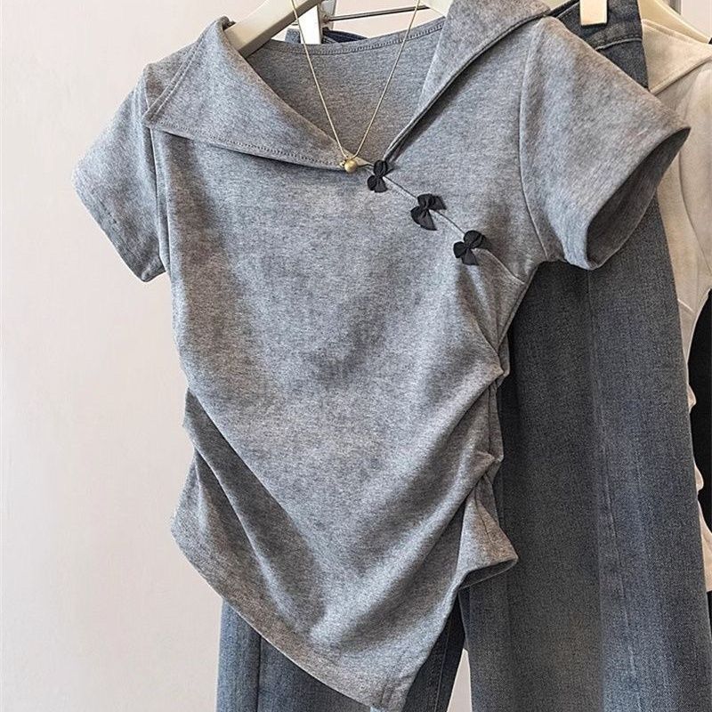 設計感翻領紮染不規則蝴蝶結收腰短袖T恤-lululam