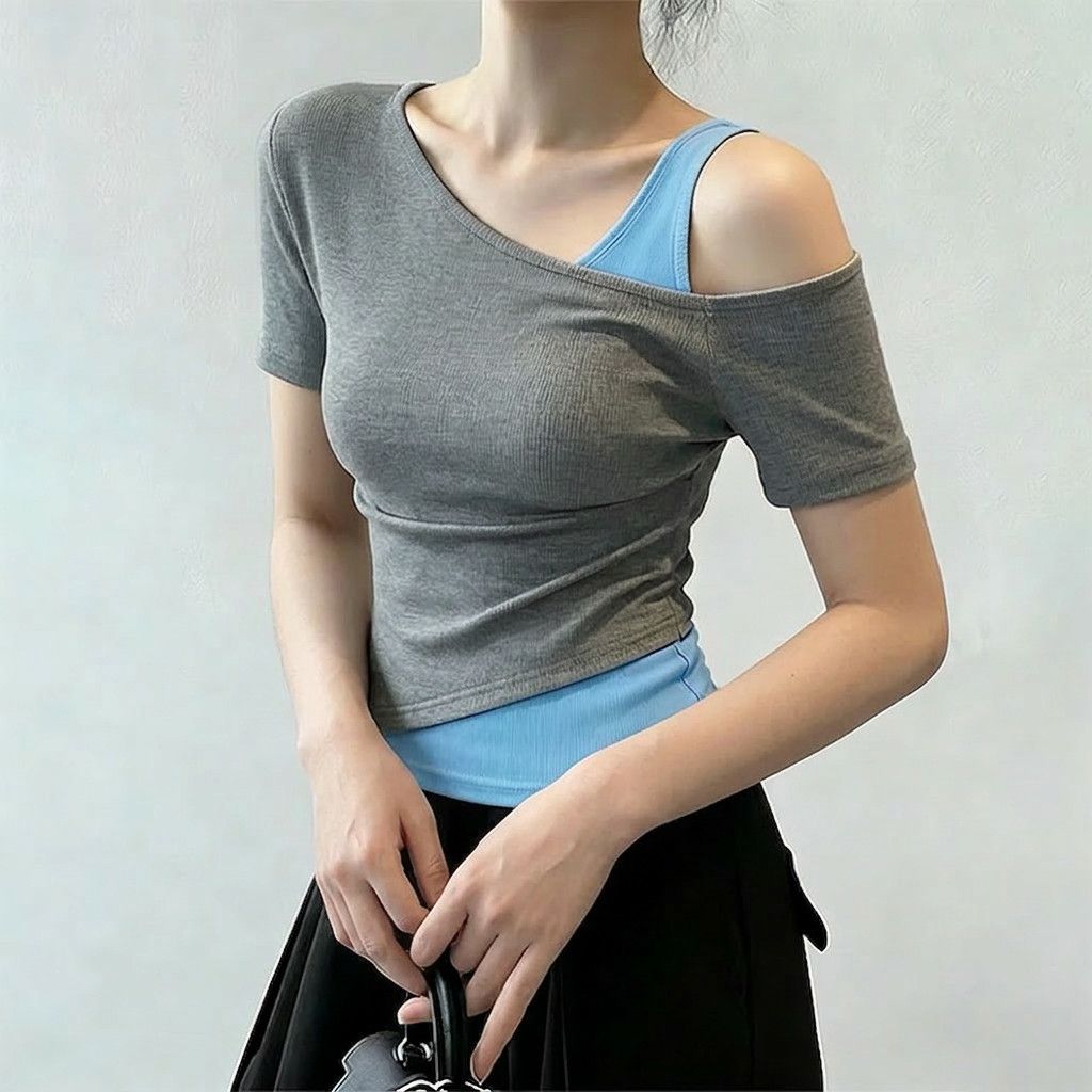 斜肩假兩件修身顯瘦拼色氣質休閒T恤