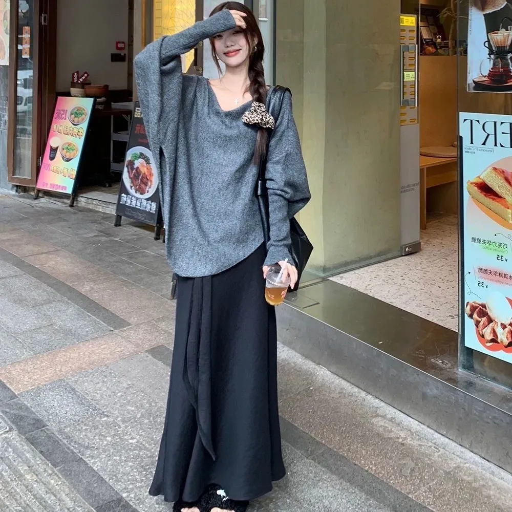 【單件/套裝】不規則慵懶風寬鬆針織毛衣+魚尾裙半身裙兩件套