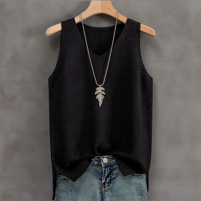 針織冰絲涼爽透氣V領寬鬆吊帶背心-lululam