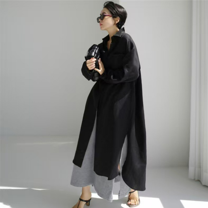 寬鬆休閒文藝顯瘦素色氣質翻領洋裝-lululam