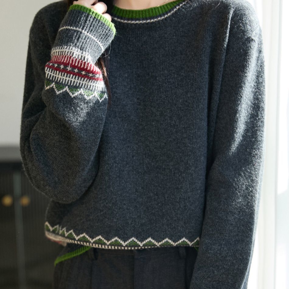 新款民族提花撞色圓領時尚復古正肩寬鬆打底衫